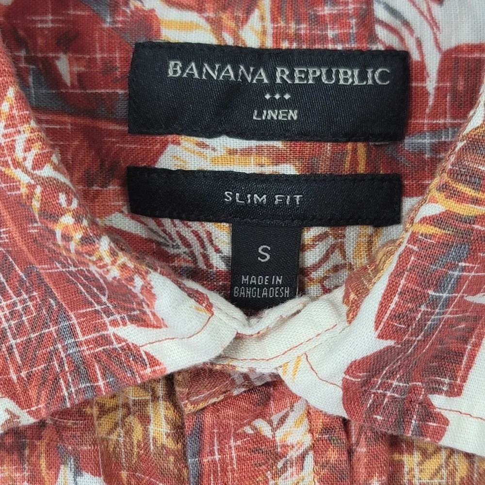 Banana Republic Button Up Shirt Mens S Red Tropical Linen Cotton Blend Slim Fit
